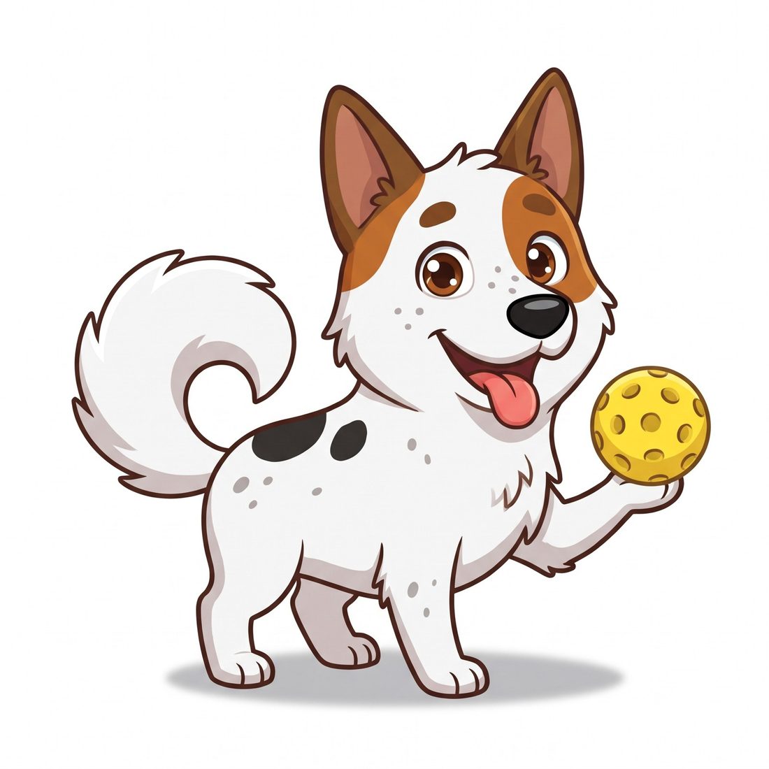 Foxy, the cartoon dog, holding his yellow ball