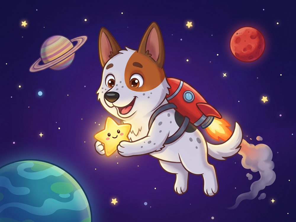 Foxy flies through space with his rocket pack carrying a little star