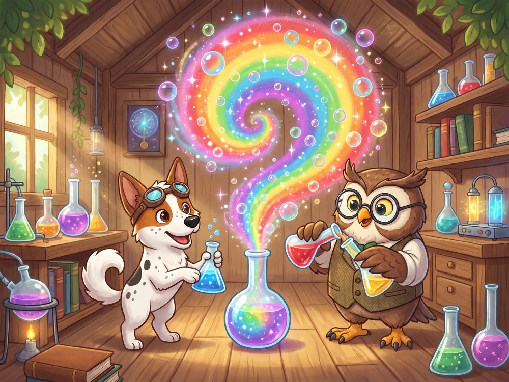 Foxy and Professor Owl making a rainbow potion