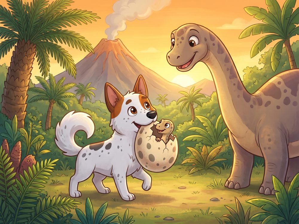 Foxy carries a dinosaur egg to its mother