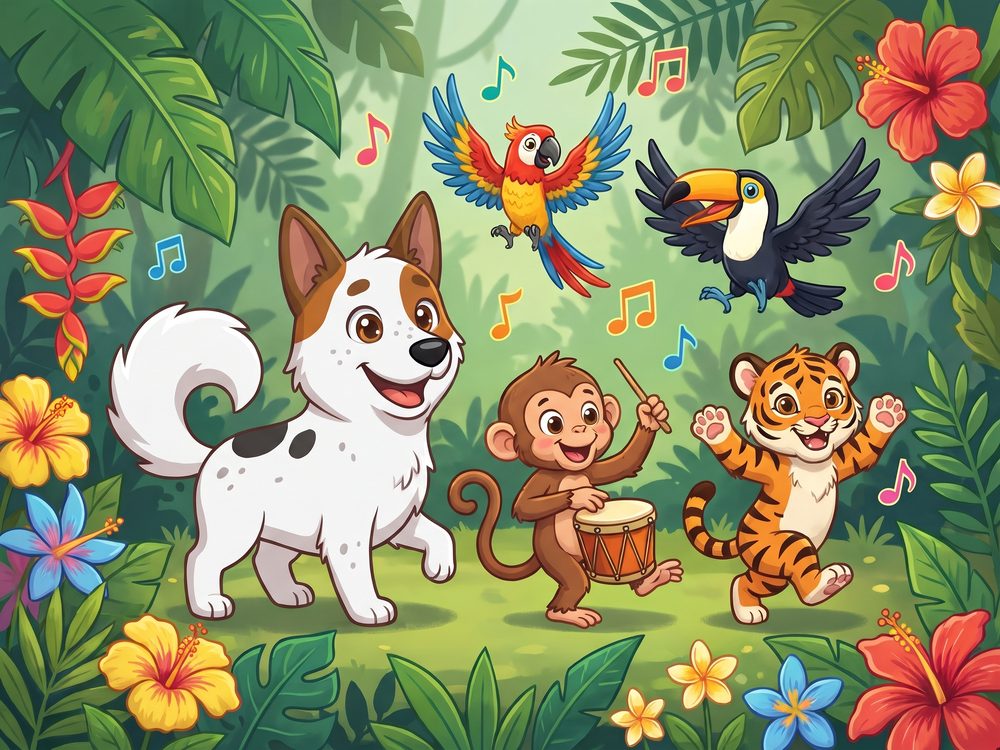 Foxy leads a jungle parade with a drumming monkey